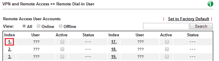a screenshot of DrayOS Remote Dial-In VPN client list